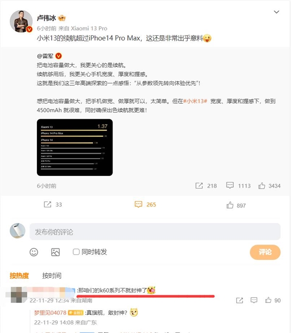 小米13续航超越iPhone 14 Pro Max 米粉：Redmi K60岂不封神