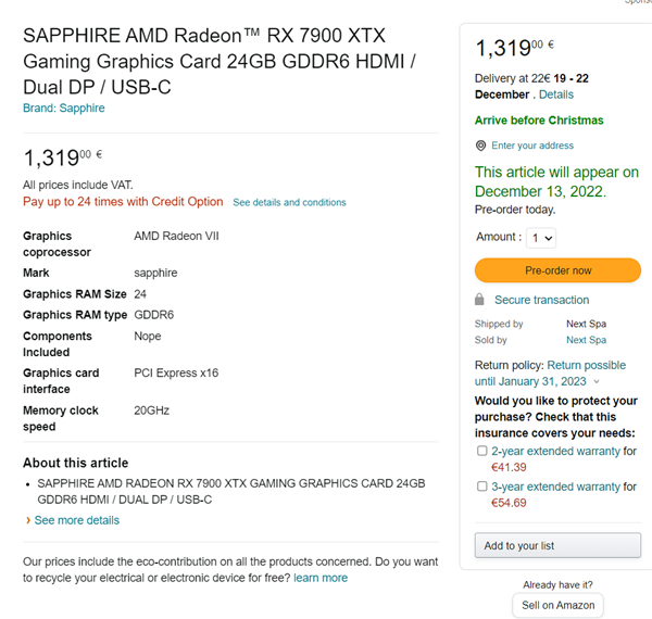 4080不用降价了？海外提前上架AMD RX 7900 XTX：售价快过万