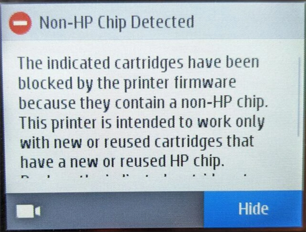 惠普打印机推送固件更新：打印机使用第三方墨盒将“变砖”