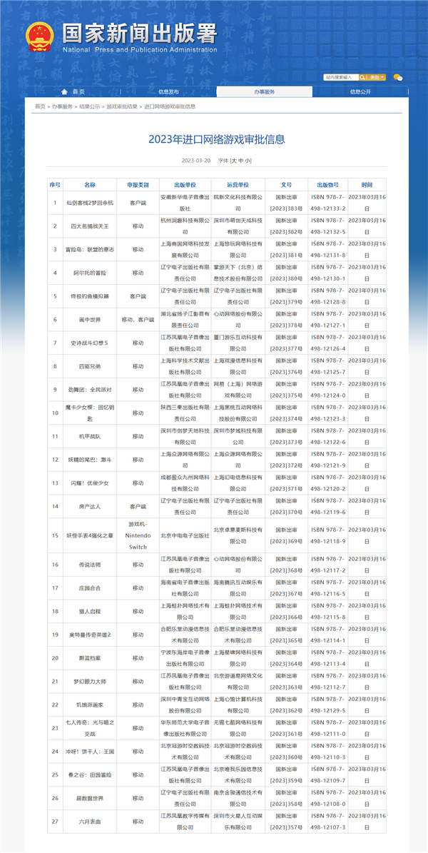 2023年3月进口游戏版号发布！《蔚蓝档案》《仙剑客栈2》国行获批