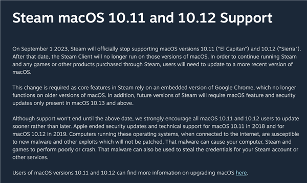 老版本被放弃！Steam将终止对macOS 10.11/10.12系统支持