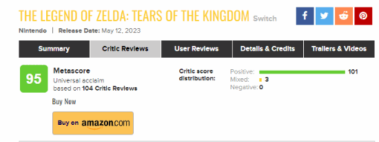 《塞尔达传说：王国之泪》M站跌至95分！三家媒体给出中评