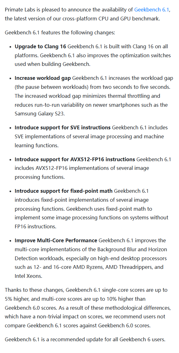 基准测试GeekBench 6.1发布：跑分成绩提升达10%