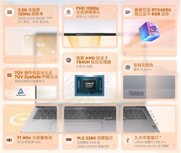 联想ThinkBook 16+锐龙版2023上架：RTX 4050独显版7999元