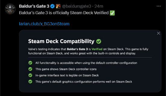 《博德之门3》通过Steam Deck认证 Xbox玩家感到困惑