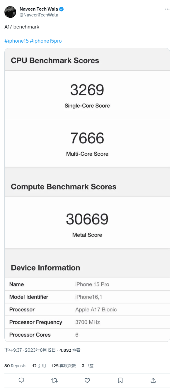 单核提升31%！苹果A17 Geekbench 6跑分曝光