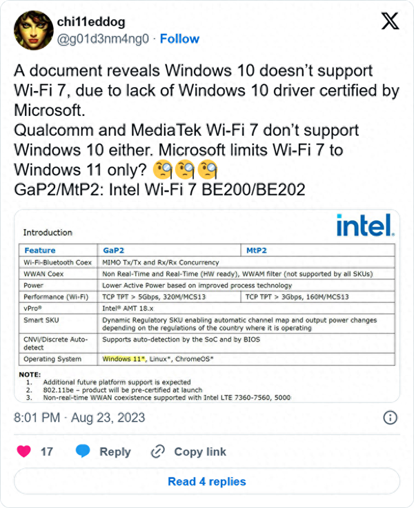 不升Win11？Intel助力微软 倒逼Win10用户升级：不让你支持Wi-Fi 7