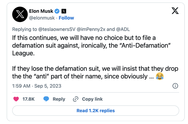 推特美国广告收入下滑六成 马斯克：都是反诽谤联盟害的、等着吃官司吧！