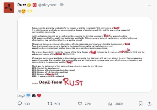 同行的嘲讽！《DayZ》《Rust》发文嘲讽《浩劫前夕》跑路