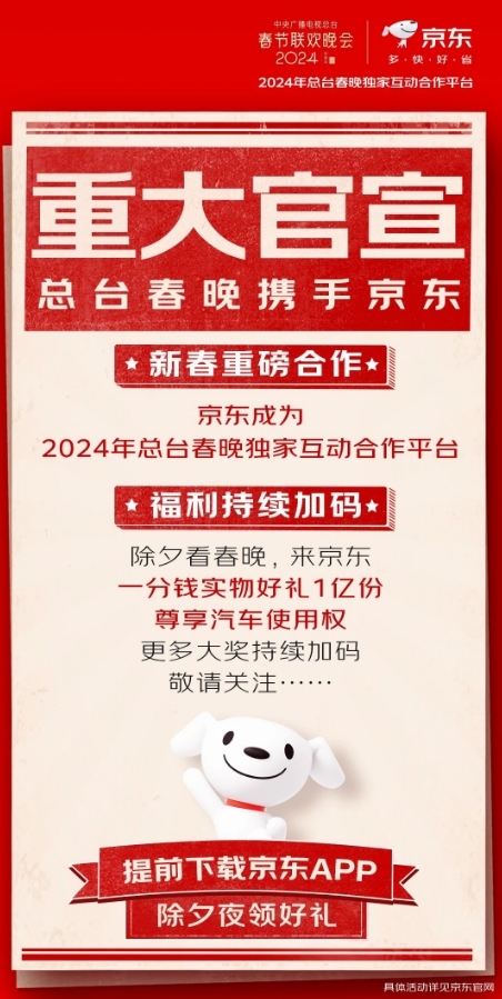 定了！京东成为2024年央视总台春晚独家互动合作平台：1亿份实物好礼一分钱