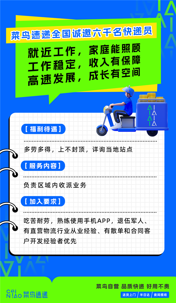 菜鸟速递启动全国大规模招聘：部分快递员月收入可达1.5万元以上