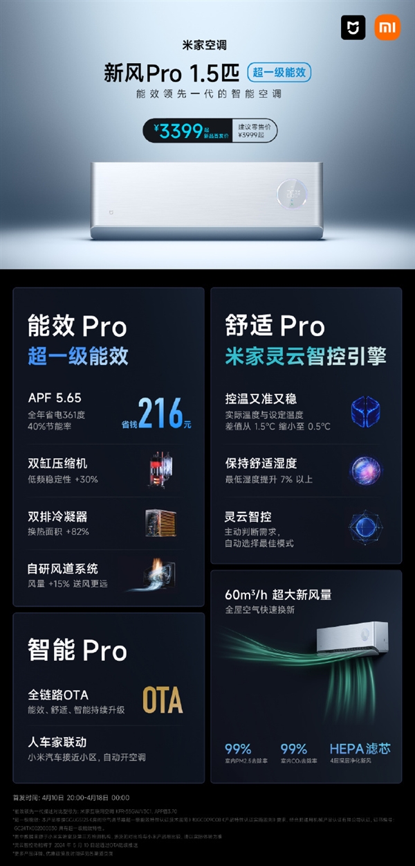 3399元 米家空调新风Pro发布：配有灵云智控引擎