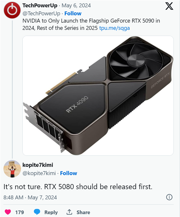 反了反了：RTX 5080被曝早于RTX 5090发布