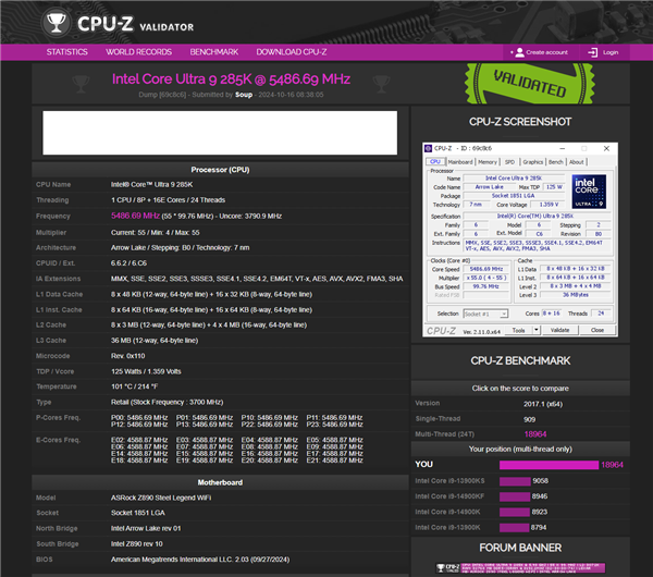 没有超线程亦领先！Intel酷睿Ultra 9 285K CPU-Z多核超14900K 12%