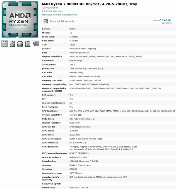 游戏玩家新神U来了！锐龙7 9800X3D完整规格泄露：起步4.7GHz、120W TDP