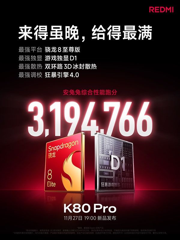 性能大满贯！REDMI K80 Pro搭载骁龙8至尊版+D1独显：跑分接近320万