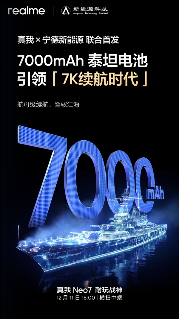 智能手机进入7K续航时代！真我Neo7首发7000mAh泰坦电池