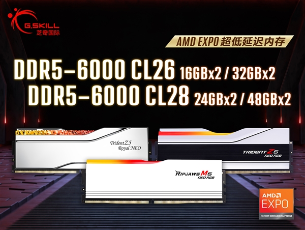 芝奇发布DDR5-6000 C26超低延迟内存：首次64GB