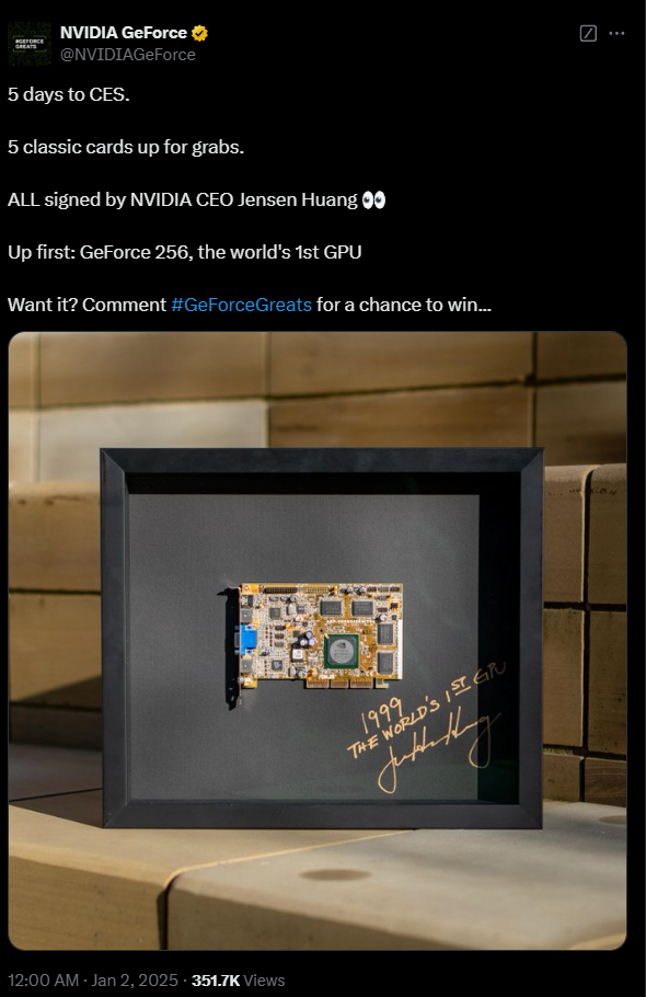 全球首款显卡！英伟达宣布赠送GeForce 256：黄仁勋亲笔签名