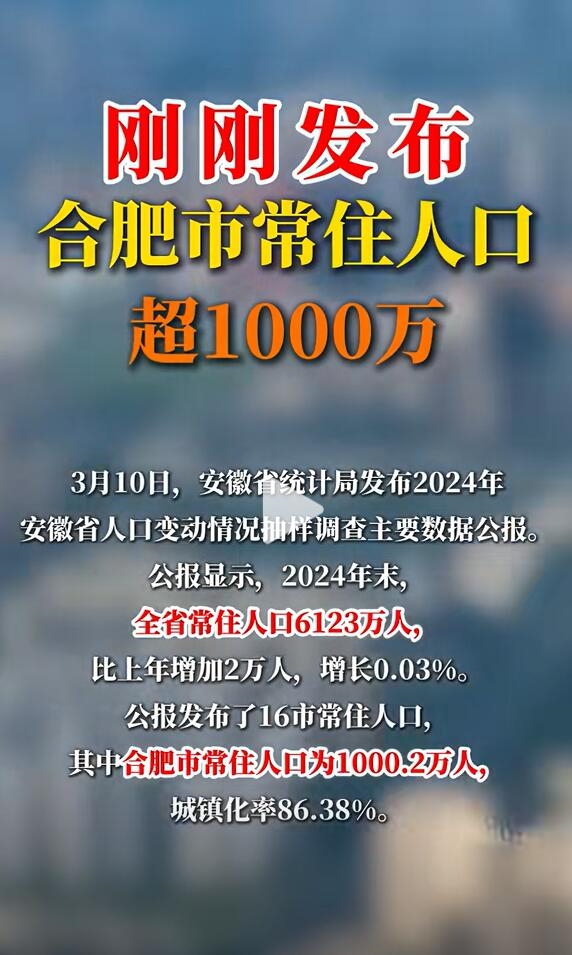又一个千万人口大市诞生了：合肥常住人口突破1000万 中国第18座