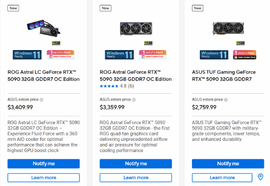 华硕显卡涨疯了！RTX 5090逼近2.5万 比指导价高约1.7倍