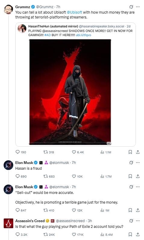 马斯克又跟《刺客信条：影》“对骂”了！育碧官方下场开喷