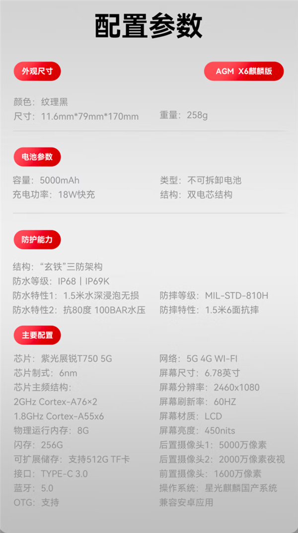 芯片系统全国产！AGM X6麒麟版三防手机开售：2519元