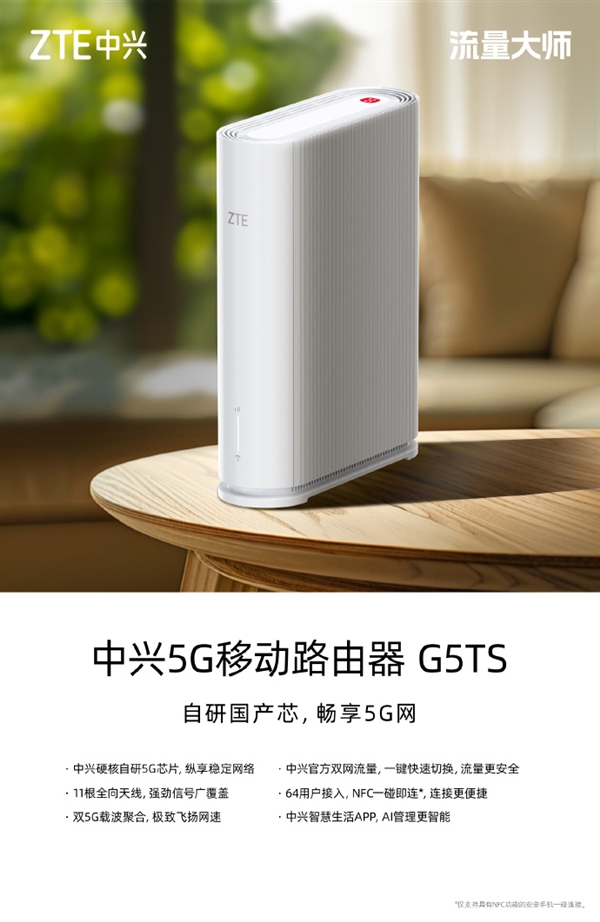 699元 中兴5G移动路由器G5TS开售：自研国产芯 流量不限速不虚标
