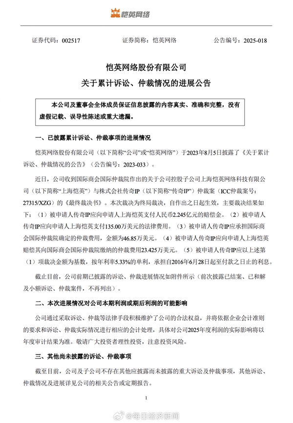 十年纠纷终尘埃落定：传奇IP需向恺英网络累计赔偿超3.41亿