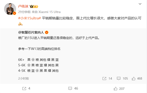 卢伟冰：小米15 Ultra销量稳定 跟上代比增长很大