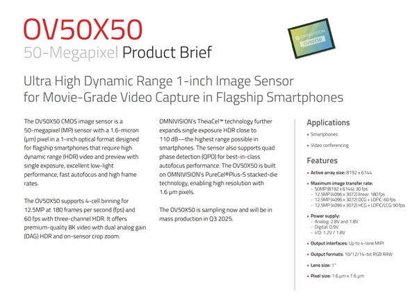 首款国产一英寸传感器！豪威OV50X发布：Q3量产