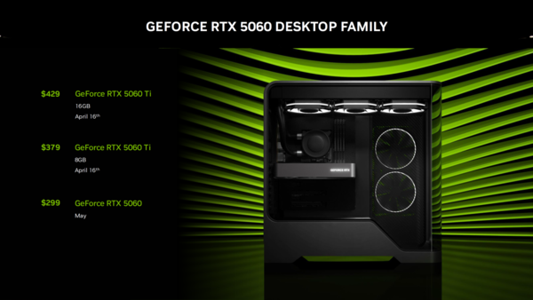 英伟达RTX 5060 Ti发布：提供8GB/16GB双显存 379美元起