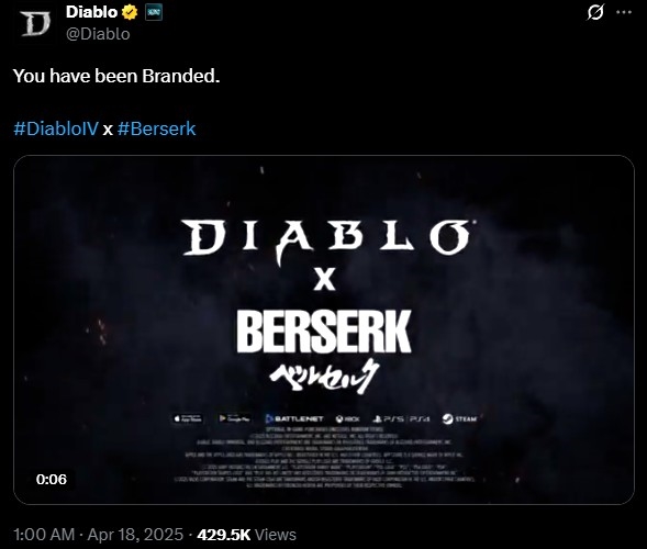 《暗黑破坏神4》联动《剑风传奇》