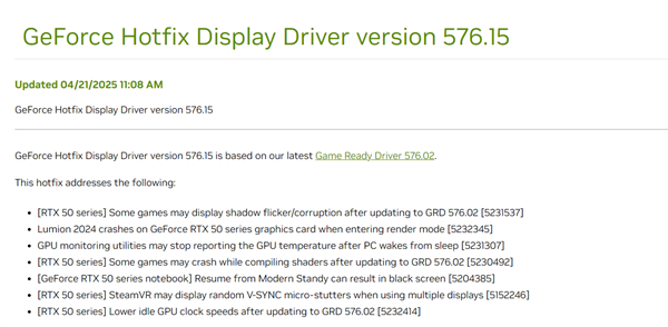 NVIDIA 576.02驱动一堆新Bug 显卡温度异常：官方紧急修复