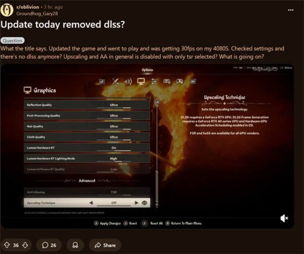《上古卷轴4：湮灭重制版》首个补丁惹祸：DLSS、FSR全不见