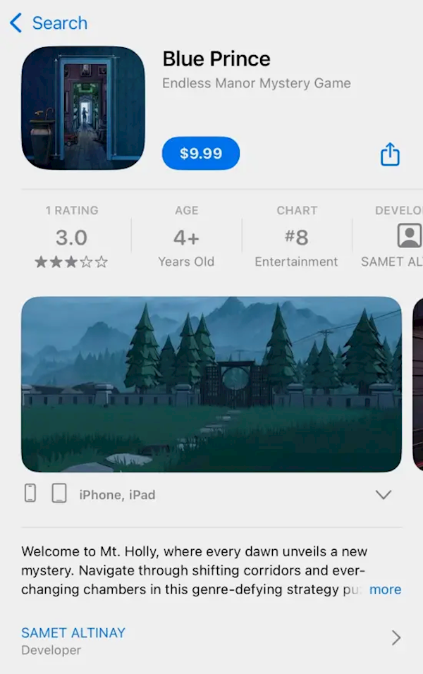App Store再次上架盗版游戏：今年M站PC分数最高的《蓝途王子》