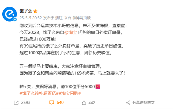 饿了么宣布淘宝闪购单日外卖订单量突破1000万：39城创造历史