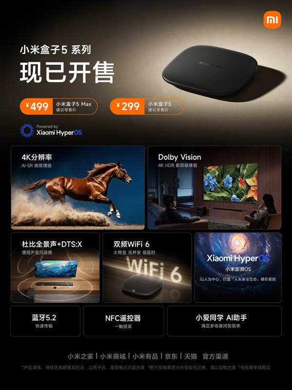 299元起！小米盒子5/5 Max正式开售：搭载澎湃OS、最高4+64GB
