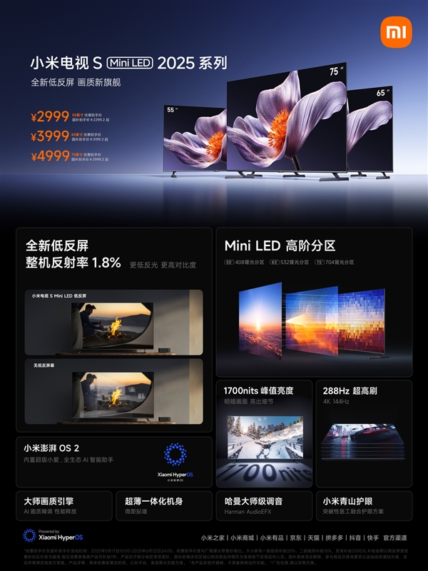 小米首款低反屏！小米电视S Mini LED 2025系列开启预售：国补价2399.2元起