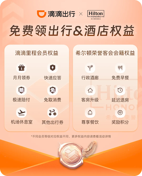 滴滴与希尔顿酒店合作：V6会员可享房型升级、免费早餐等