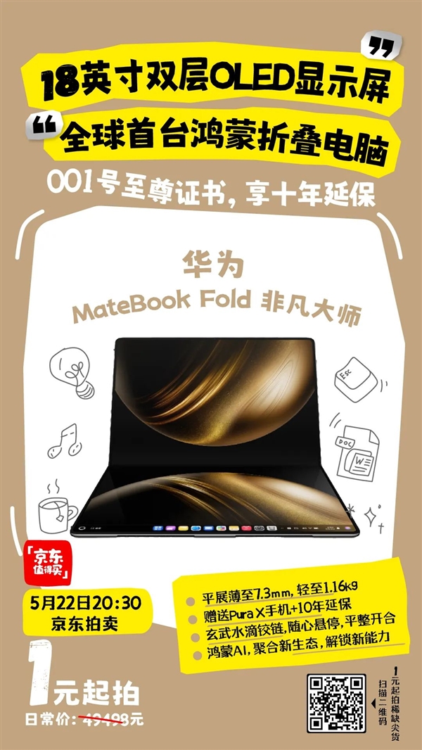 1元起拍 全球首台鸿蒙折叠电脑001号今天拍卖：日常价近5万元