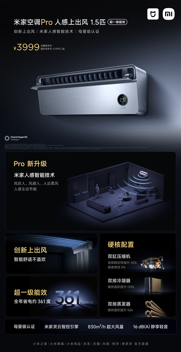 3999元起！小米发布米家空调Pro：创新上出风 自动避人