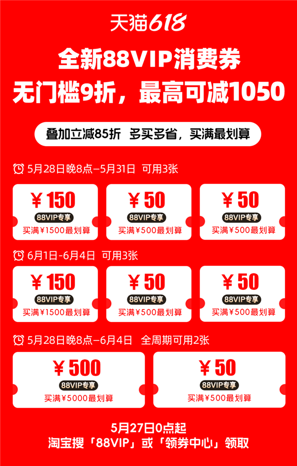 天猫618第二波现货今晚开启：88VIP无需凑单 无门槛9折