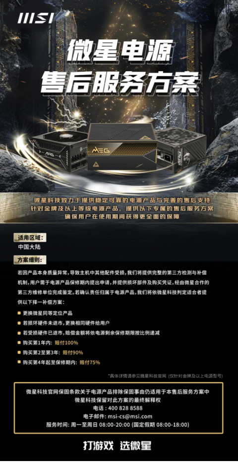 微星升级电源售后服务：推出“连带损伤全额赔付”机制
