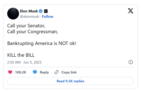 马斯克特朗普塑料情碎了！再度炮轰 “大而美法案”