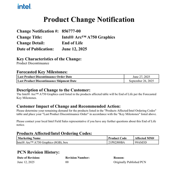 Intel锐炫A750和A770独显停产！多款移动端产品也在列