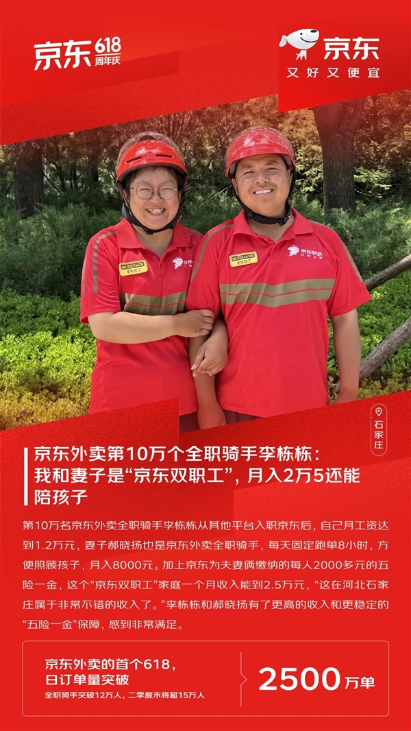 京东外卖第10万个全职骑手：我和妻子月入2万5 还能陪孩子