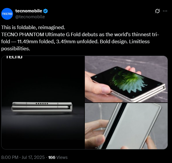传音Tecno发布全球最薄三折叠概念手机：展开3.49mm 比华为还薄