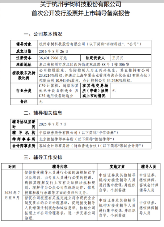 宇树科技IPO已完成辅导备案 中信、容诚、德恒为辅导机构