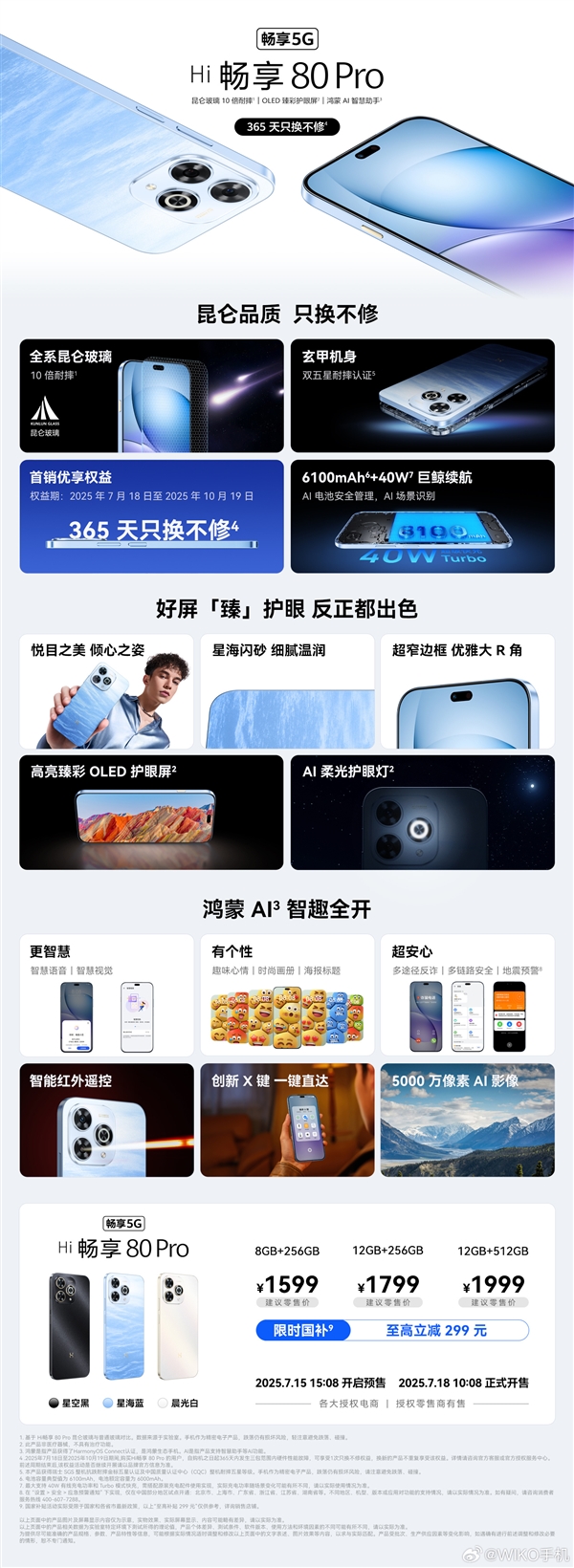 鸿蒙生态5G新机：WIKO Hi畅享80 Pro今日首销：1599元起
